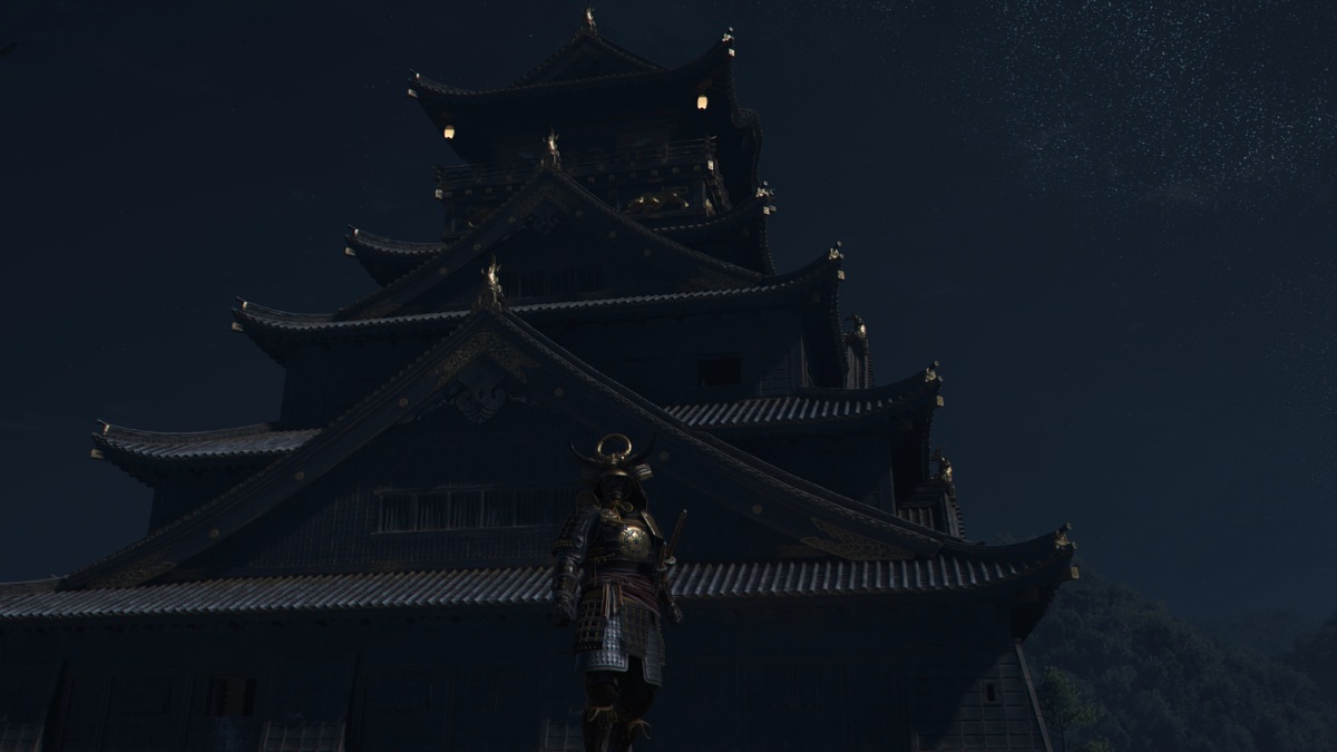 Assassin's Creed Shadows Yasuke standing in front of castle at night