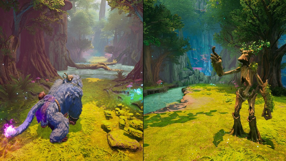 A split screen of two players playing Split Fiction.